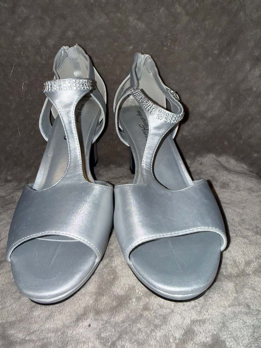 Easy Street Alive Silver Rhinestone T-Strap Heels Size 11WW